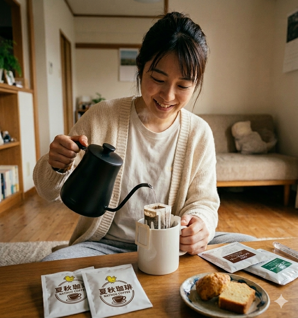夏秋珈琲 ドリップパックで珈琲を淹れる様子