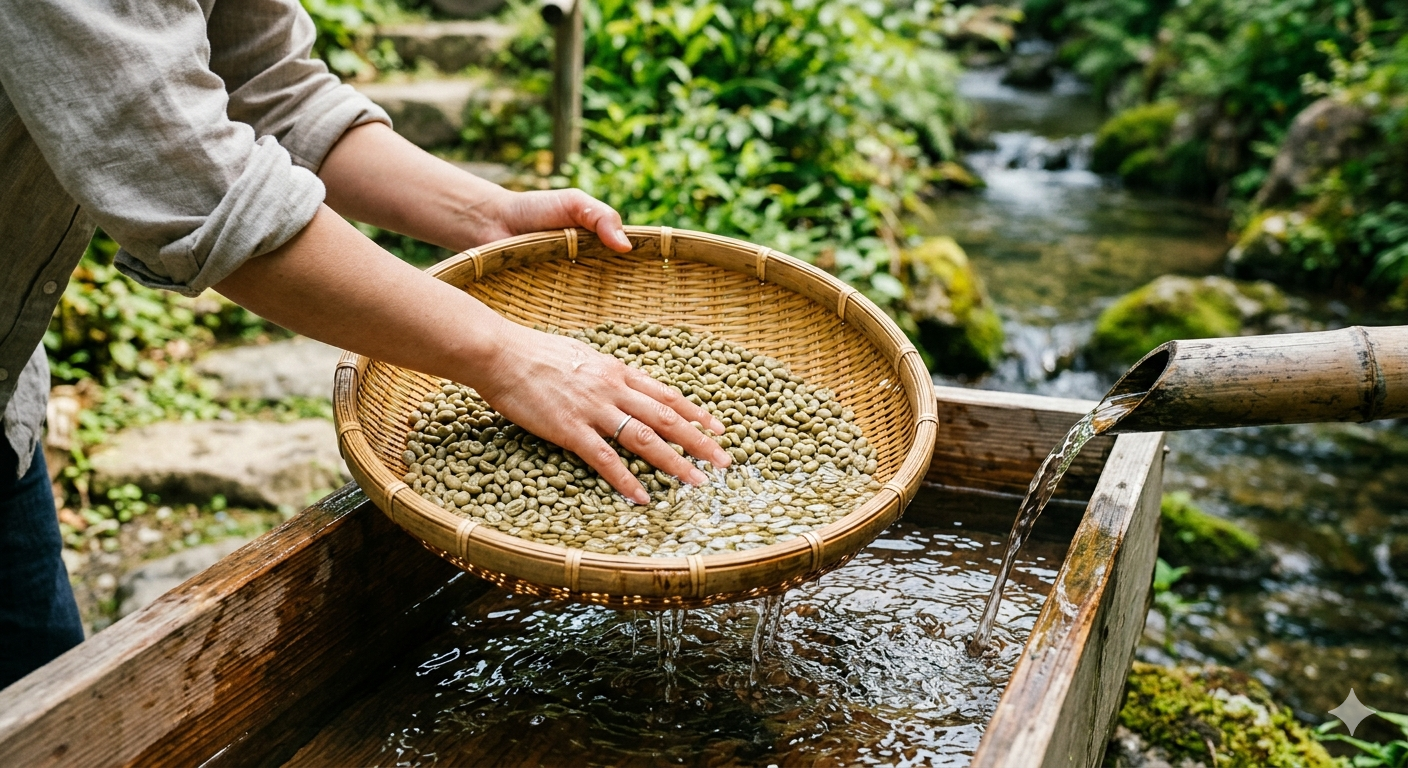 生豆を丁寧に水洗いする様子